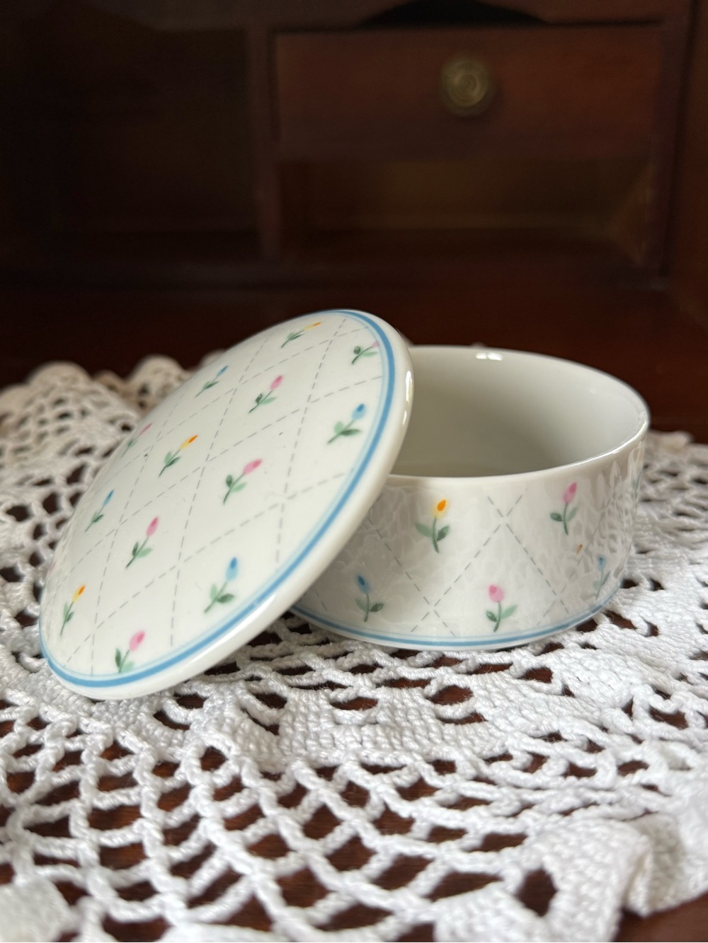 Floral Trellis Porcelain Lidded Trinket Jewelry Box Blue Pink - Vintage Style